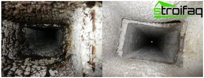 Sådan ser ventilationskanalen ud før og efter rengøring. Du kan kun udføre forebyggende rengøring af ventilationskanalen, der er placeret direkte i lejligheden selv