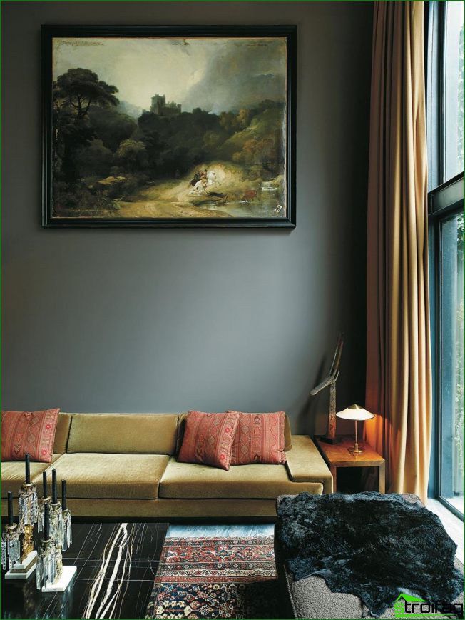 Wildlife painting in muted tones fits perfectly into the interior of a dark living room