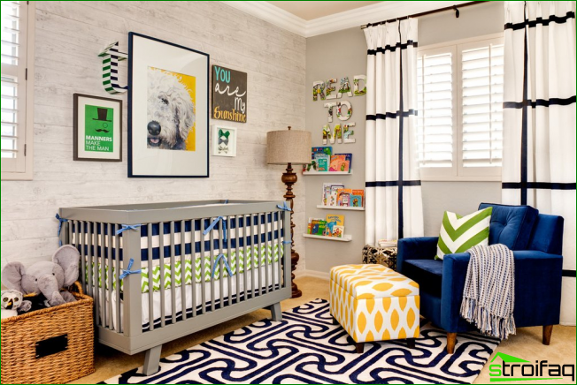 Bright well-lit children's room with decorative paintings on the crib