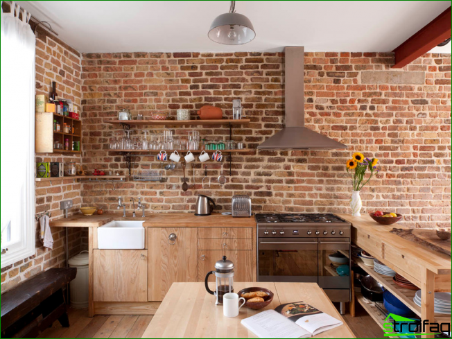 Malá kuchyně s cihlovými stěnami bez horních skříní