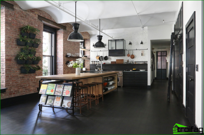 Кухня без горни шкафове с таванско помещение, украсена с саксии със стайни растения