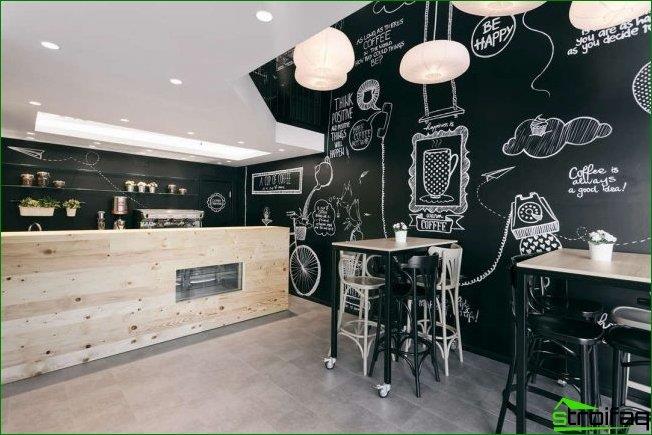 Elegante y moderno diseño en blanco y negro de una pequeña cafetería.