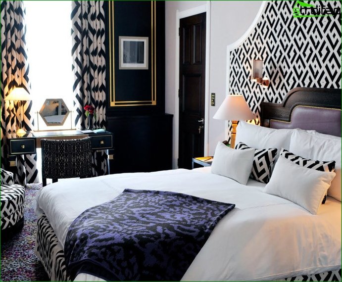 Art Deco tarzında yatak odası için fotoğraf perdeleri